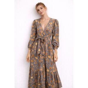 CAROLINA K Ori Robe Tie Waist Maxi Dress Gray Medium